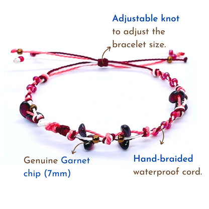 PusSoul Handmade Small Garnet Crystal Bracelet (6.5-7.5'') - Hand Braided, Natural Crystal, Adjustable, Waterproof, Chakra Beaded - Valentine Gifts for Women, Girlfriend & Couples from