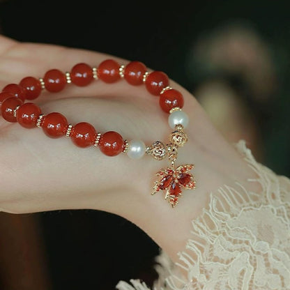 WETMT Fall Bracelet for Women Crystal Maple Leaf Charms Bracelet Gold Red Jade Stretch Bracelet Autumn Thanksgiving Beaded Bracelet Natural Stone Bracelet Vintage Fall Jewelry