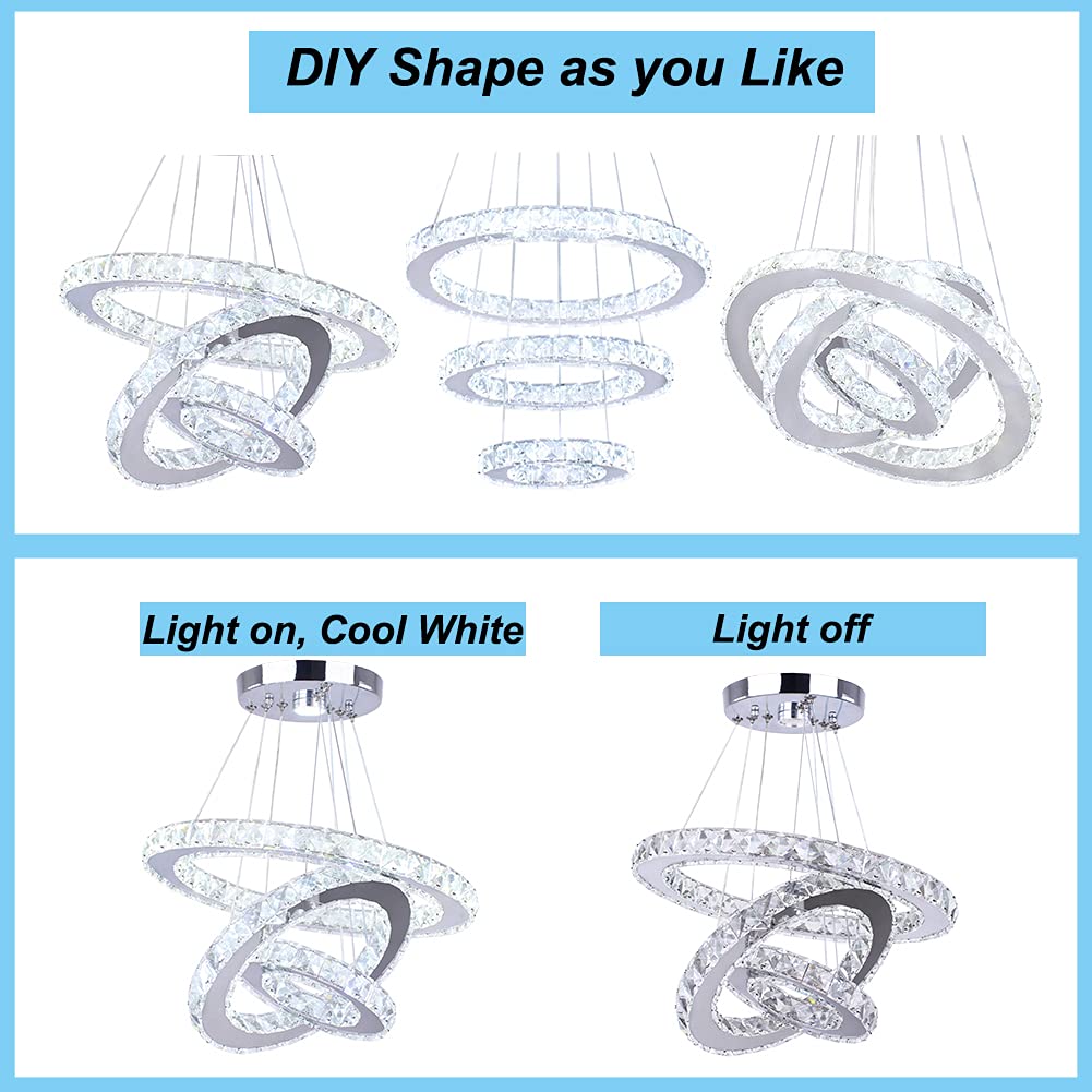 xychfantligh Modern 3 Ring Round Crystal Chandelier Adjustable Stainless Steel Pendant Lighting LED Crystal Ceiling Light Fixture for Living Room Dining Room Bedroom Cool White