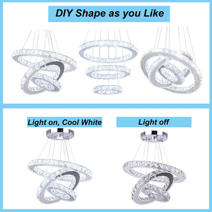 xychfantligh Modern 3 Ring Round Crystal Chandelier Adjustable Stainless Steel Pendant Lighting LED Crystal Ceiling Light Fixture for Living Room Dining Room Bedroom Cool White