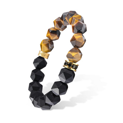 AWNL Men's 10mm Beaded Bracelet for Men with Brown Tiger Eye and Black Onyx Bracelet Energy Healing Double Protection Chakra Bracelet with Lucky Wheel Charms