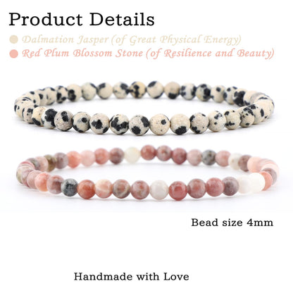 NCB 2-Piece 4mm Natural Crystal Gemstone Stretch Bracelets – ﻿Dalmation Jasper, Red Plum Blossom Stone Handmade Reiki Energy Healing Jewelry for Meditation,Yoga, Unisex