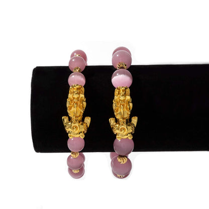 ZenBless Feng Shui Bracelet Cat Eye Bead Bracelet with Gold Plated Pi Xiu/Pi Yao Attract Wealth and Good Luck Amulet Gift(Pink L)