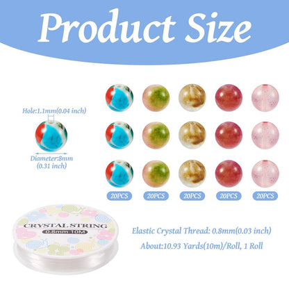 FASHEWELRY 100pcs 8mm Mixed Stone Beads Round Stone Jewelry Making Kit with Elastic String Healing Crystals for DIY Bracelet Necklace Earrings