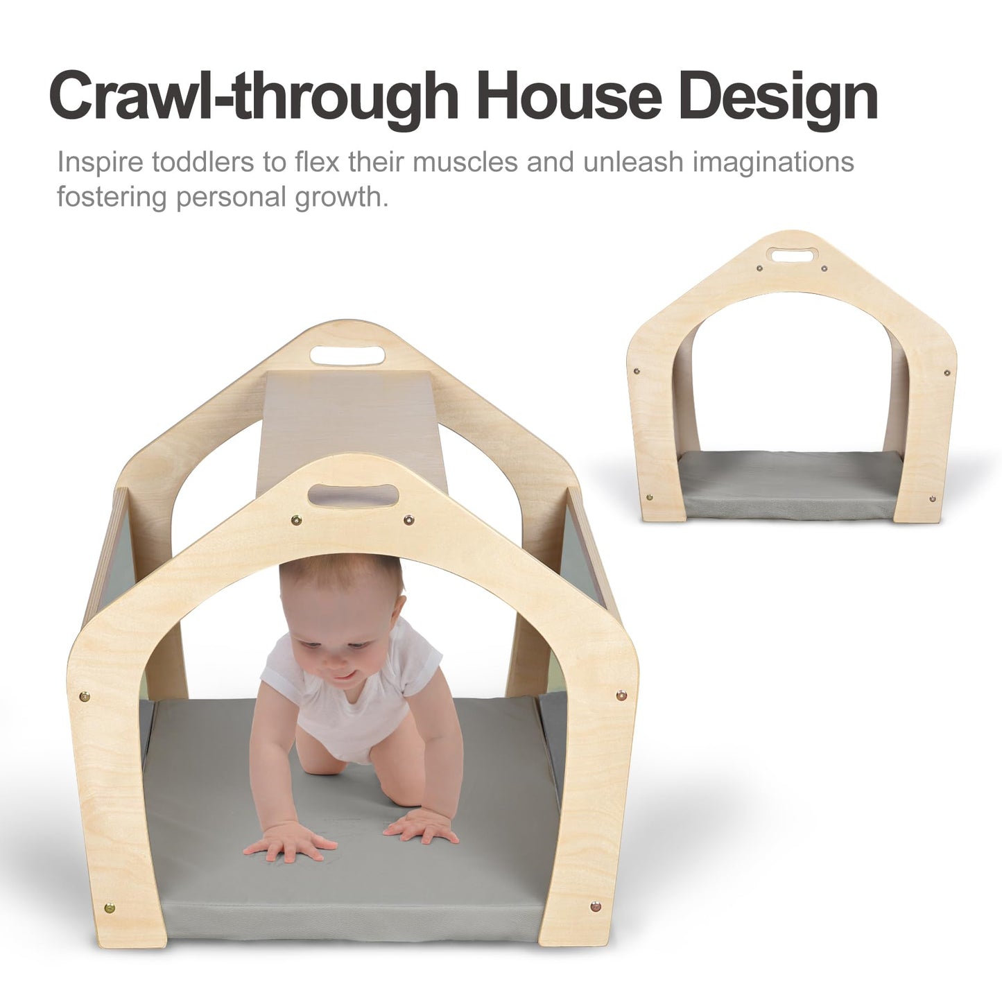 KRAND Wooden Playhouse for Toddlers w/Double Non-Shatter Safety Mirrors, Montessori Crawling Tunnel/Crawl-Through Play Set for Children and Kids, Daycare and Preschool Playroom(with Cushion)