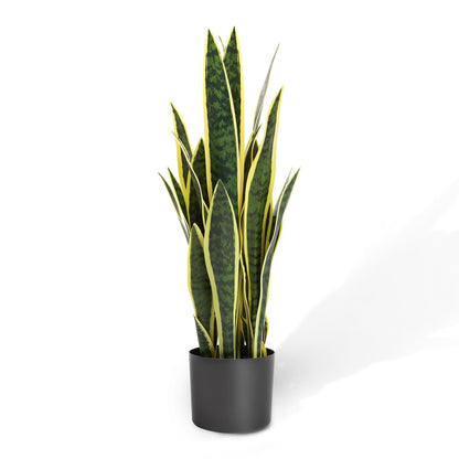 KOL 2ft Artificial Snake Plant, 32 Lifelike Faux PVC Leaves, Indoor Home Garden Decor, Fake Sansevieria Potted Plants, Mother-in-Law Tongue, 25.6in Floor Greenery in Black Pot