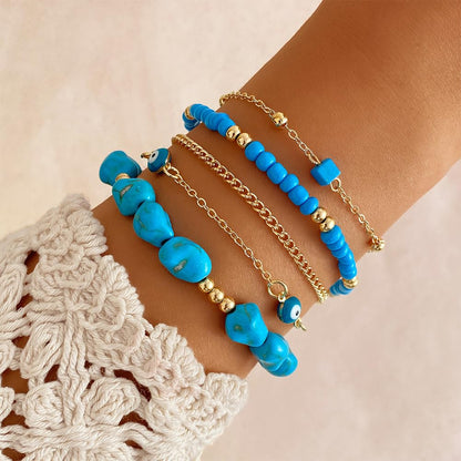 CIWEAI Gold Turquoise Beaded Western Jewelry for Women Fashion Stackable Irregular Turquoise Bead Bracelets Elastic Stack Evil Eyes Bracelet Boho Accessories (AA)