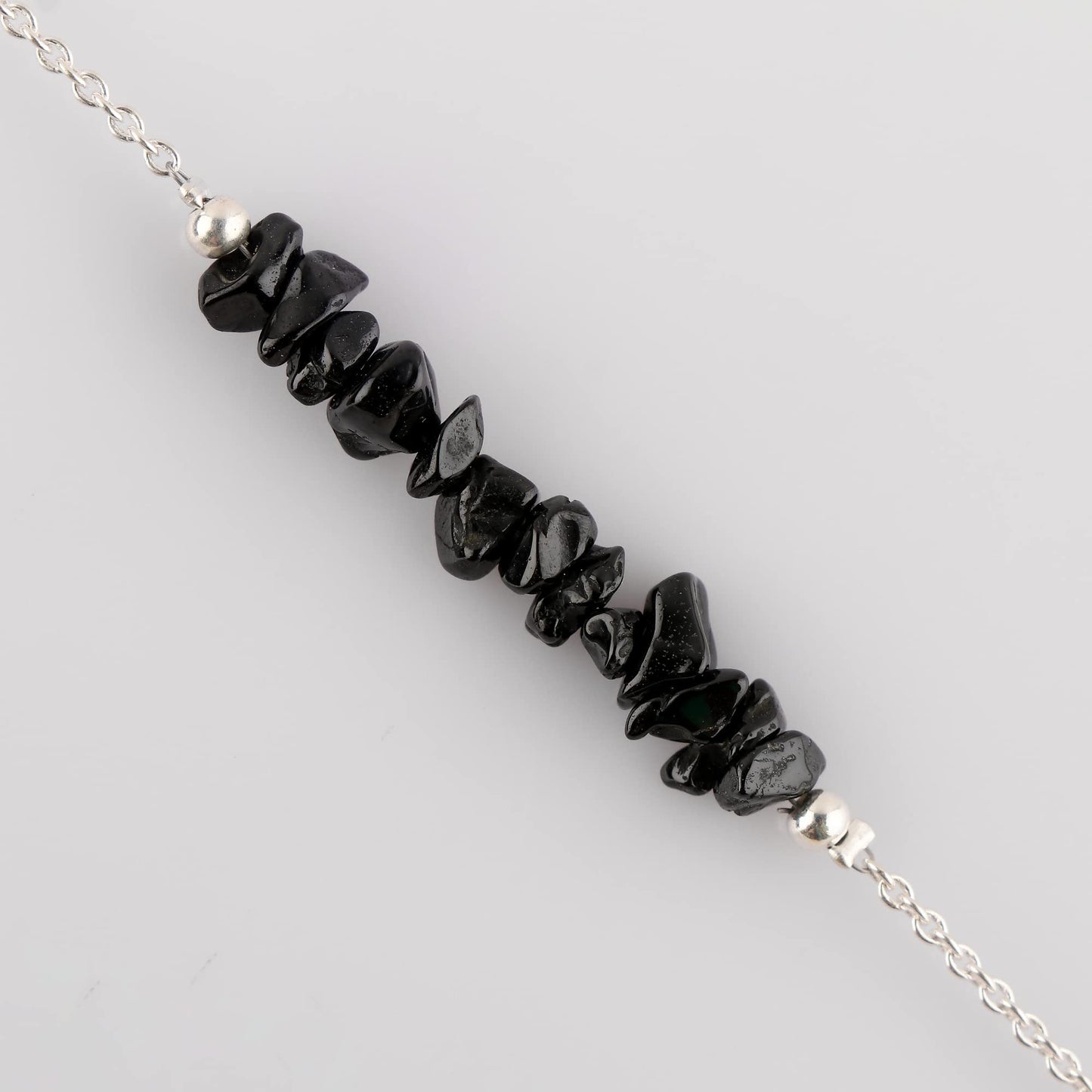 Gemimpression Handmade Black Spinel Chips Bar Bracelet – Natural Energy Healing Crystals – Silver Plated Adjustable 8 Inch Chain – Christmas Gift