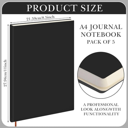 Tenceur 5 Pcs A4 College Ruled Notebook 8.5'' x 11'' Lined Journal 200 Pages Lined Artificial Leather Sketchbook for Writing Office School Business Home Gifts Supplies (Black)