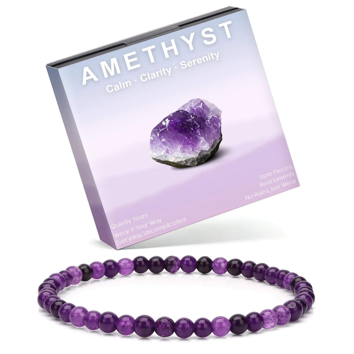 Risyfjew 4MM Handmade Amthyst Natural Gemstone Stretch Elastic Bracelet,PE Film Anti-oxidation Packaging Natural Stone Crystal Healing Power Energy Gifts for Adult