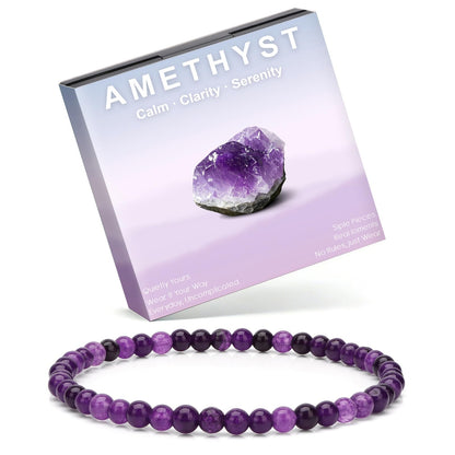Risyfjew 4MM Handmade Amthyst Natural Gemstone Stretch Elastic Bracelet,PE Film Anti-oxidation Packaging Natural Stone Crystal Healing Power Energy Gifts for Adult