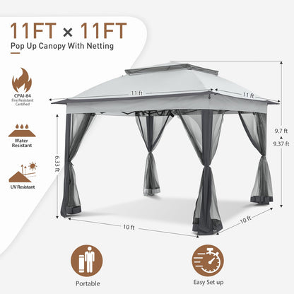 COOS BAY 11x11 Pop Up Gazebo with Mesh Netting, Instant Outdoor Canopy Tent, Water Resistant Shelter with UPF 50+ UV Protection, 121 Sq Ft Coverage, Gray