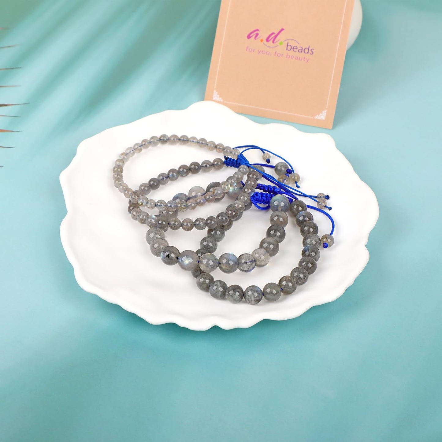AD Beads 4mm Labradorite Bracelet - Stone of Mind Calm Downing - Handmade Natural Stone Crystal Bracelet with Adjustable Macrame String - Yoga Healing Power Energy Gifts for Men and Women