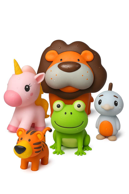 SplashEZ Animal Bath Toys | Mold Free Bath Toys for Kids & Toddlers with No Hole for Water | Lion & Friends Ideal Size for Little Hands | Safe, Durable for Baby Tub Pool Boys Girls Ages 0 & Up, 5-pack