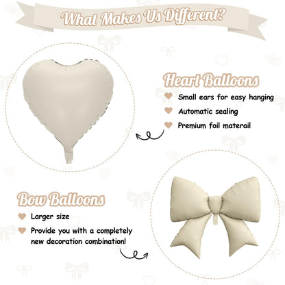 Cream Heart Balloons, Bow Party Decorations with 10Pcs 18 Inch Beige Heart Shaped Balloon, 38 Inch Helium Cream Bow Balloon for Birthday Valentines Engagement Baby Shower Bridal Wedding Party Decor