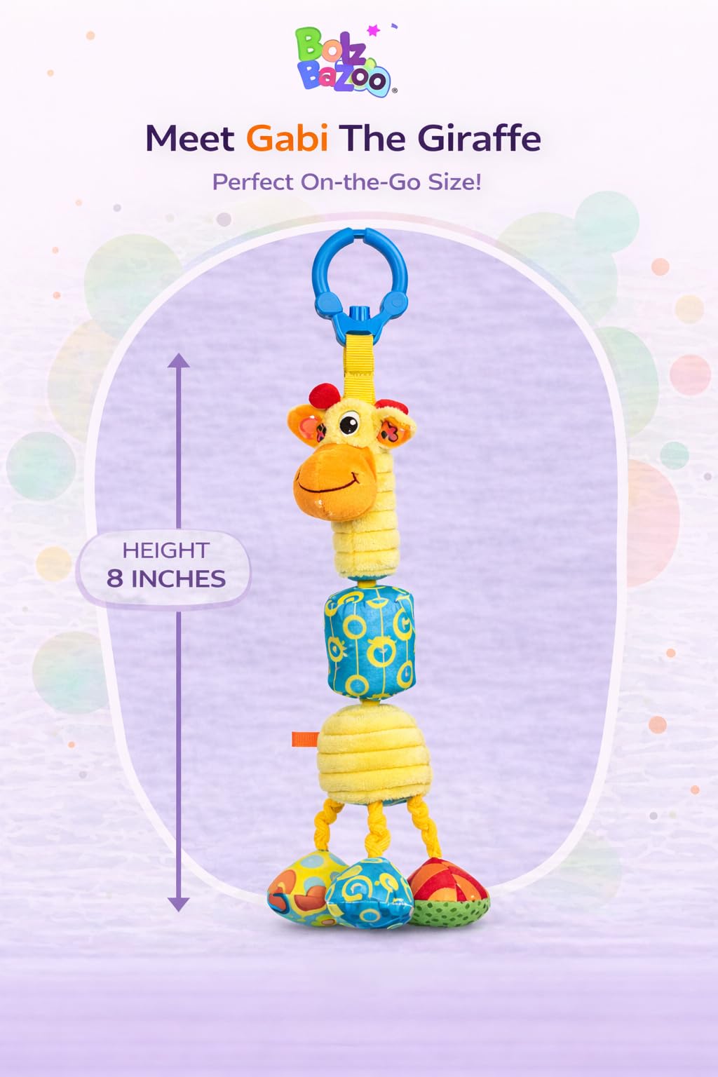 Balibazoo Gabi The Giraffe Hanging Baby Toy for 0-24M - 360° Rotating Neck | Deep Chime, Crinkle, Rattle, BPA-Free Material | Clip for Stroller, Car Seat | Soft Plush Sensory Newborn Gift