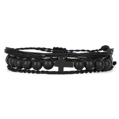 QOGIR Handmade Healing Bracelets,8mm Natural Matte Black Onyx Cross Beaded Bracelet for Men Women Gifts with 2PCS Size Adjustable Rope Bracelets