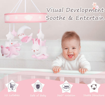 Yierchoo Baby Mobile for Crib with 12 Lullabies Digital Musical Box, Spiral Car Seat & Stroller Activity Toy, Pink Design for Nursey Decor