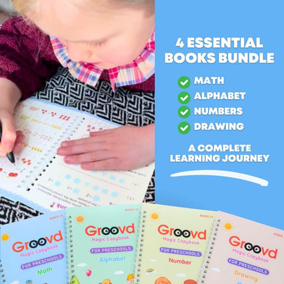 Groovd Children's Magic Copybooks - Reusable Grooved Writing Books for Kids - Handwriting Practice Workbooks, Calligraphy Learning Kit & Tracing Tools Set, 4 Books with Pen & Ink Refills (Ages 3-8)