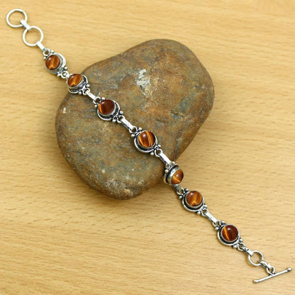 Natural Tiger Eye 925 Silver Plated Round Gemstone Adjustable Bracelet for Women - November Birthstone Bohemian Vintage Style Handmade Jewelry Bracelet - Gift for Her