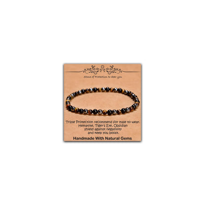 CHCCOYE 4mm Natural Healing Gemstone Bracelet Handmade Yoga Stretch Elastic Bracelet Stress Relief Crystal Jewelry for Men and Women (4mm,Triple Protection)