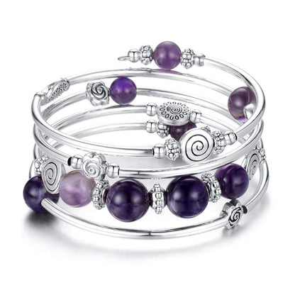 BULINLIN Bead Wrap Bangle Pearl Bracelet - Silver Metal Bracelet Gifts For Women(02-Purple)