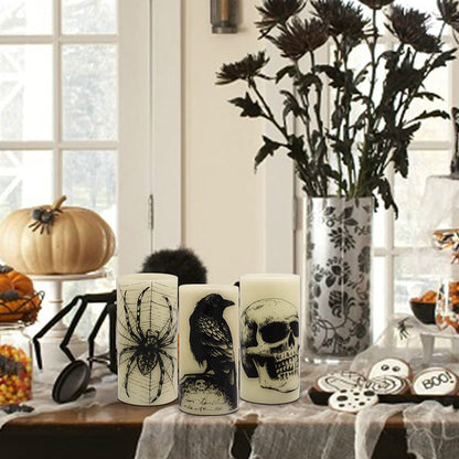 Eldnacele Halloween LED Flameless Flickering Candles Battery Operated with 6H Timer Skull Spider Web Crow Raven Spooky Decals Halloween Themed Indoor Decoration(3 Pack, D3 x H6)