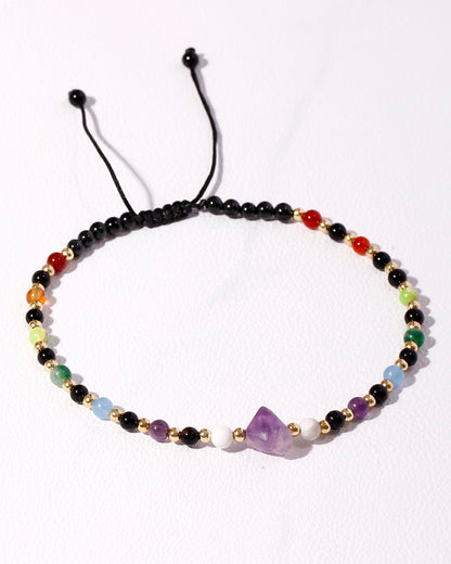 Xfoxstal 7 Chakra Beaded Anklet Summer Beach Black Agate Amethyst Raw Stone Ankle Bracelets for Women Spiritual Crystals Energy Yoga Meditation Gifts