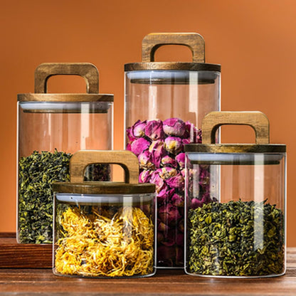Glass Food Storage Containers, Clear Decorative Organizer Bottle Canister Pantry Jar with Air Tight Wooden Lid, Glass Jar With Lid for Coffee Bean Candy Cookie Noodles Nuts Spices etc, 27oz/800ml