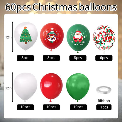 LAOREI Christmas Party Balloons Decorations 60PCS,12 Inch white Red Green Santa Claus Confetti Balloons for Kids Christmas Birthday Bachelorette, Santa, Snowman Party Decorations