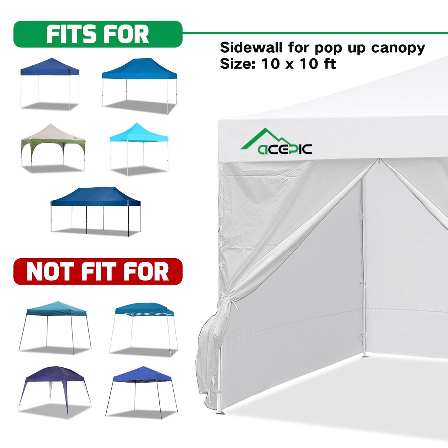Acepic 10x10ft Canopy Sidewalls with Door for Pop Up Canopy Frame,Waterproof UV Protection Material for Outdoor Events, Courtyard, Vendor Booths(White, 4PCS Sidewalls Only, Canopy Tent NOT Included)