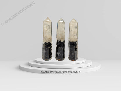 Amazing Gemstone Black Tourmaline Selenite Crystal Orgone Towers ~ Natural Healing Crystal Point Obelisk for Reiki Healing and Crystal Grid (4.5 to 5 Inch, Pack of 1)
