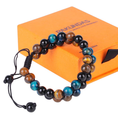 PAKUNDAS Handmade Triple Protection Bracelet,Bracelets for Men Natural Tiger Eye Jewelry Stone Hematite and Blue Stone Hematite 8mm Crystal Bracelet - Adjustable Size with Premium Gift-Box