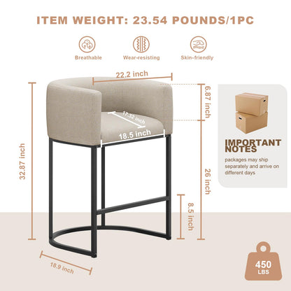 VATROS 26" H Counter Height Bar Stools Set of 2, Modern Barrel Counter Stools with Backrest and Arms, Linen Fabric Upholstered Accent Barstools for Kitchen Island,Support 450 LBS (Beige)