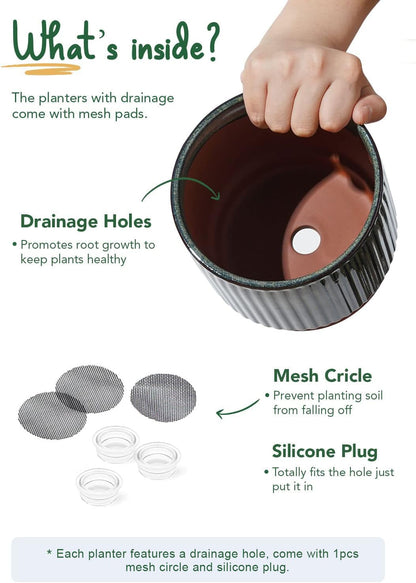 LE TAUCI Ceramic Plant Pots with Drainage Holes, Set of 3, 8+6.7+5.5 Inch Stripe Garden Planter Pots for Outdoor Indoor Plants Flower, Round Succulent Orchid Flower Pot, Reactive Glaze Black