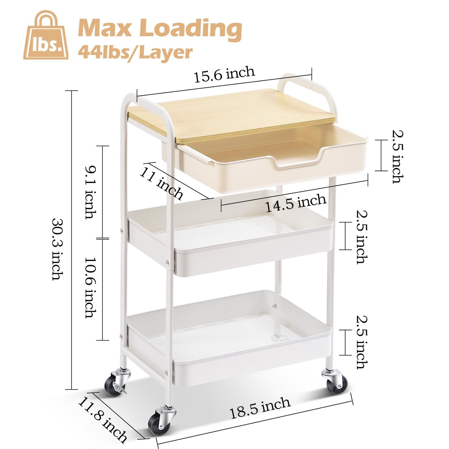 TOOLF 3-Tier Metal Utility Rolling Cart with Drawer and Wooden Table Top, Storage Cart White Trolley Kitchen Organizer Rolling Desk with Locking Wheels for Office, Classroom, Home, Bedroom