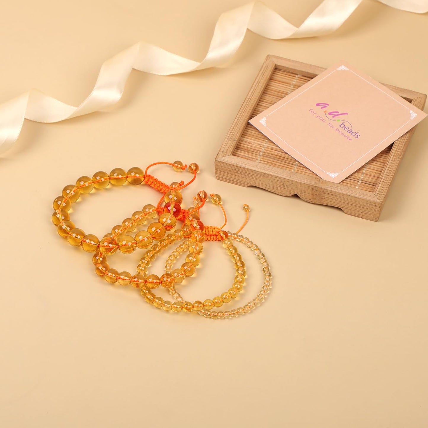 AD Beads 4mm Citrine Bracelet - Stone of Joy and abundance - Handmade Natural Stone Crystal Bracelet with Adjustable Macrame String - Yoga Healing Power Energy Gifts for Men and Women