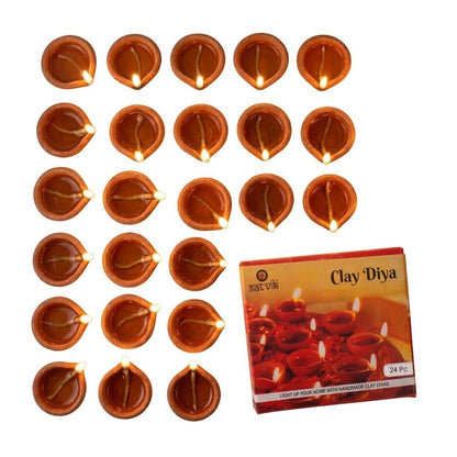 SATVIK Set of 24 Terracotta Clay Diyas – Traditional Handmade Earthen Oil Lamps for Home Decor – Eco-Friendly Festival Lighting
