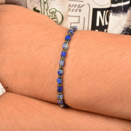 Casvia Handmade Lapis Lazuli Hematite Mens Bracelet, Stainless Steel Dual-Clasp, Adjustable 6.89-8.8 Inch, Spiritual Chakra Symbolism, Birthday Holiday Gift for Dad Husband Boyfriend