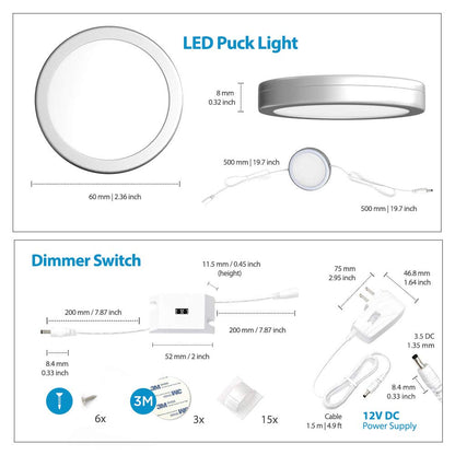 EShine Under Cabinet Puck Lights with Hand Wave Sensor – Circular LED Cabinet Lights – Dimmable – Pack of 3, Cool White (6000K)