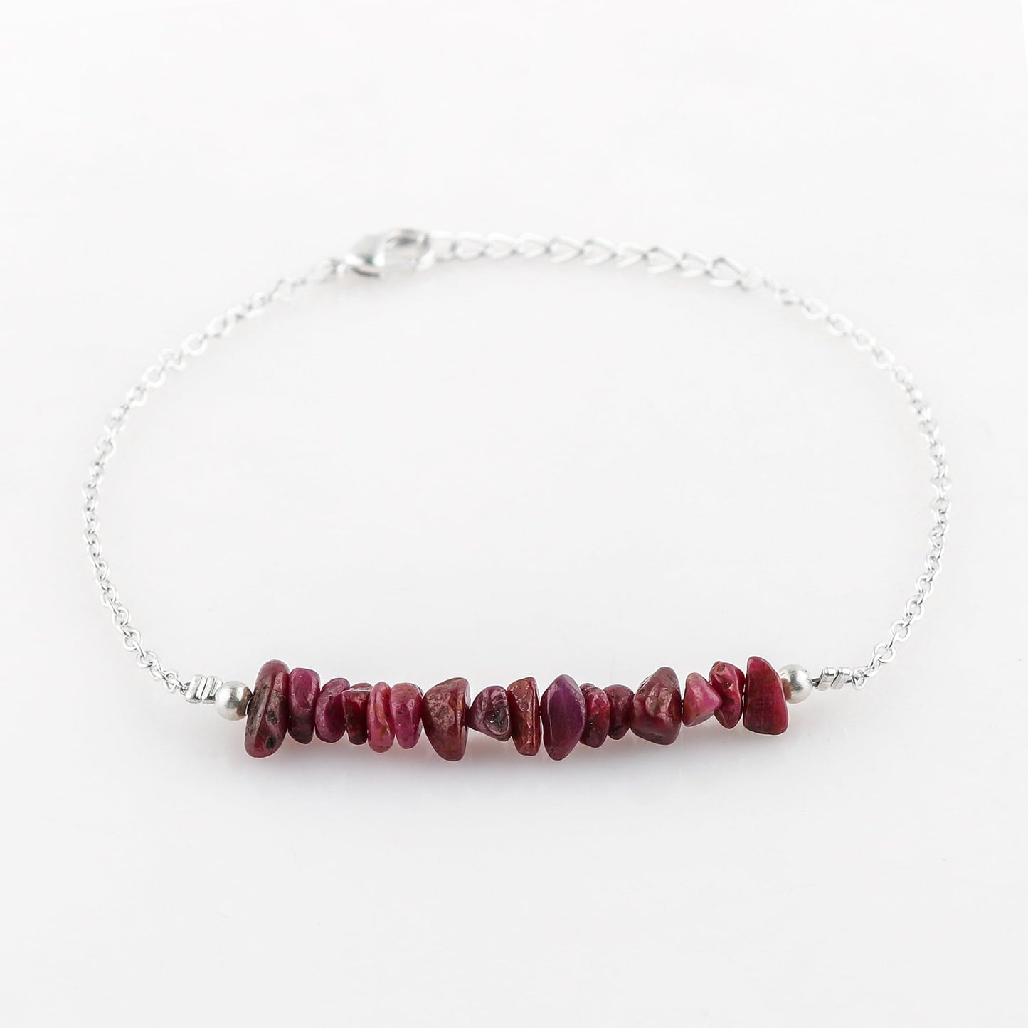 Gemimpression Handmade Ruby Chips Bar Bracelet – Natural Energy Healing Crystals – Silver Plated Adjustable 8 Inch Chain – Christmas Gift