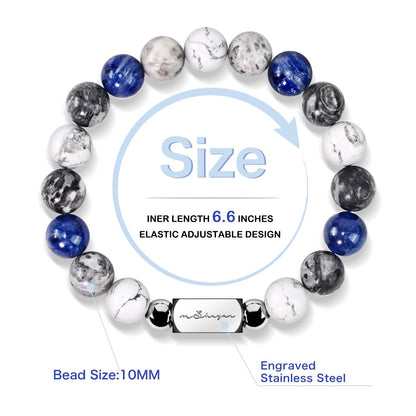 Howlite Natural Gemstone Bracelet for Men, Map Gemstone and Blue Vein Gemstone for Teens Gifts, 10MM Men's Elastic Adjustable Beaded Bracelets for Men, Handcrafted Gifts For Anniversary,Christmas.