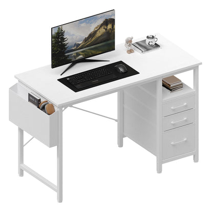 DUMOS Computer Desk with Storage, Small Home Office Desk with 3 Fabric Drawers & Side Pocket, Space Saving Writing Desk for Apartment, Dorm, Gaming Workstation, 39" White