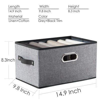 PRANDOM Large Foldable Storage Bins for Shelves [3-pack] Decorative Linen Fabric Storage Baskets Cubes with Leather/Metal Handles for Closet Nursery Office Grey and Black Trim (14.9x9.8x8.3 Inch)