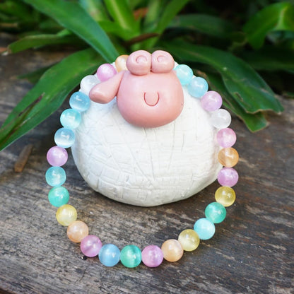 6mm Rainbow Selenite Bracelet - Iridescent Natural Crystal | Handmade Meditation Bracelet with Cat-Eye Effect | Come with Beading Tool Kit - Adjustable to 6.5-7.5 inches Wrist Size