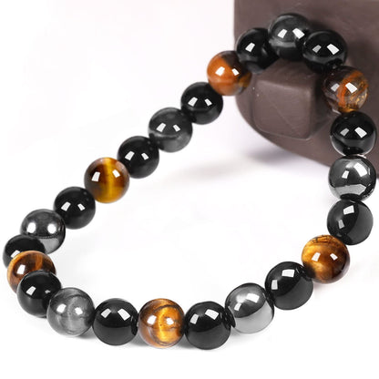 Denchy Triple Protection Bracelet, Tigers Eye - Black Obsidian and Hematite Beaded Bracelets for Men Women, Tourmaline Spiritual Natural Crystal Stone Luck Bracelet, Birthday Mother's Day Gift (8mm)