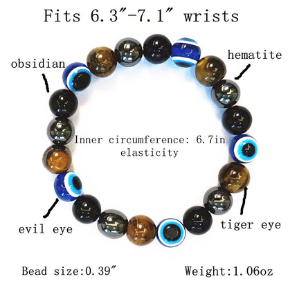 WEFRIN Triple Protection Bracelet for Bring Luck and Prosperity Hematite Black Obsidian Tiger Eye Stone Bracelets for Men Women, Beaded Buddha Healing Rope Uni Bracelet (2pcs) (D)