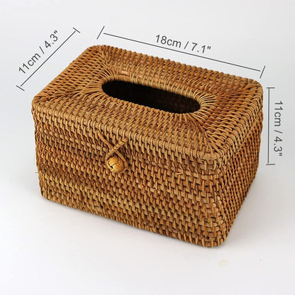 5 Inch Tall Rattan Tissue Box Cover Rectangular with Hinged Top Lid and Bead, Boho Woven Facial Napkin Holder, Decorative Napkin Dispenser Holder Organizer for Dresser Bathroom Décor, Brown