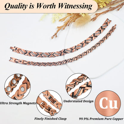 Vicmag 2PCS Copper Magnetic Bracelet for Women 99.9% Solid Pure Copper Strong Magnets Jewelry Gift Adjustable Length