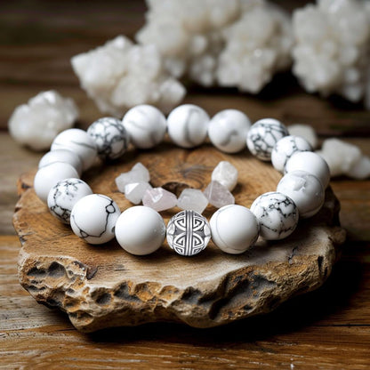 MetJakt Healing Crystals Beaded Bracelets for Womens Natural Gemstone 8mm Beads Stretch Bracelets with 925 Sterling Silver Double Happiness Pendant (Howlite)